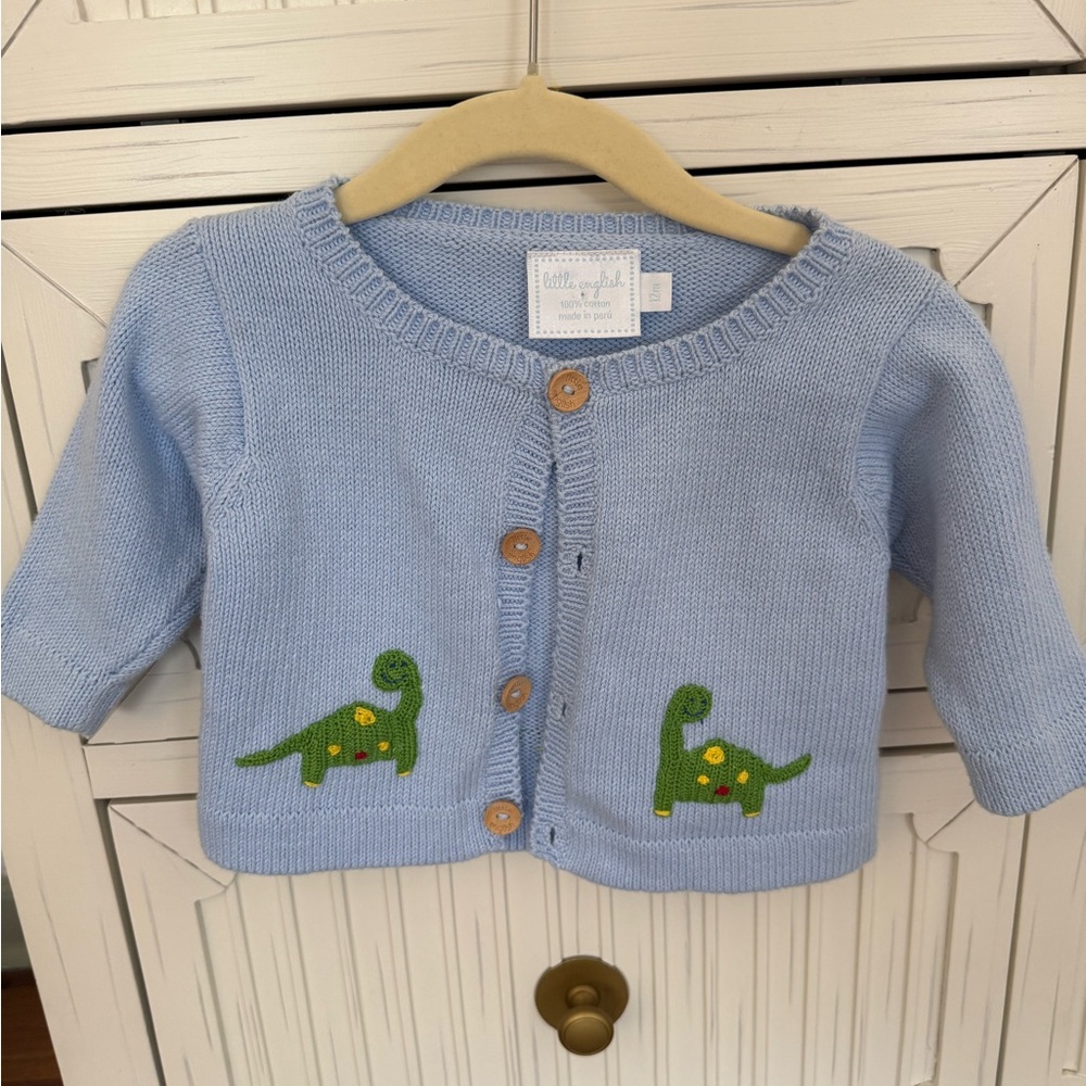 Little English Light Blue Crochet Cardigan - Dinosaur size 12 months